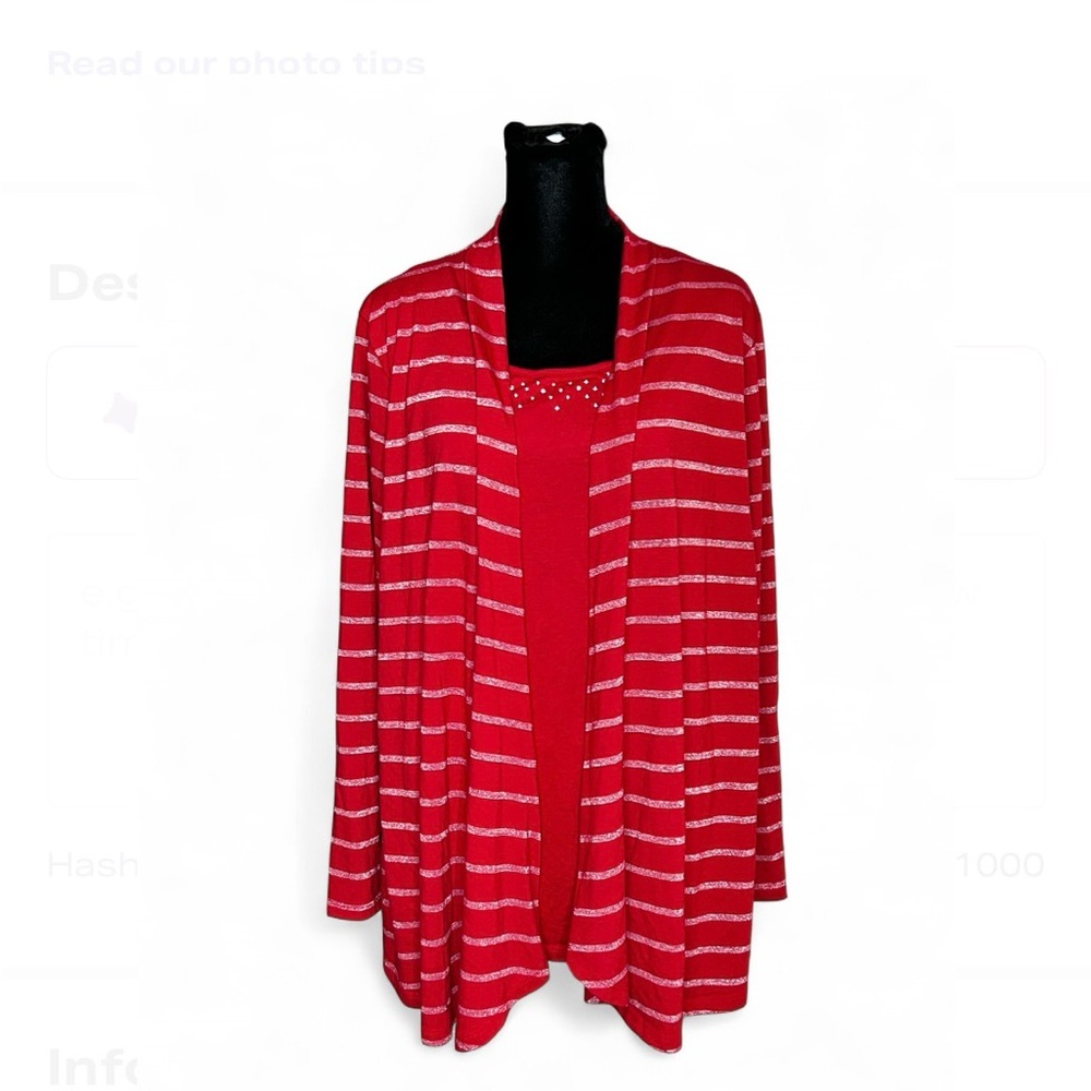 WHITE STAG Red Striped Blouse-Cardigan W/Rhinestone Beaded Collar & Long Sleeve